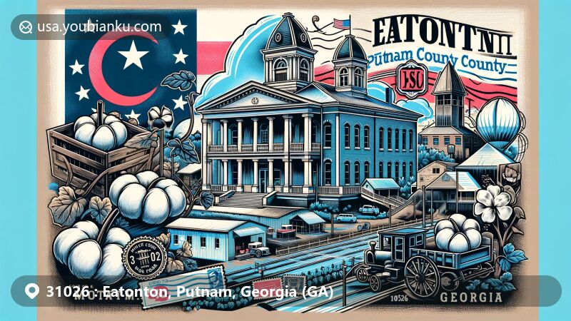 Modern illustration of Eatonton, Putnam County, Georgia, showcasing iconic landmarks like the Putnam County Courthouse, and symbols of agricultural heritage including cotton and dairy farming, with a vintage postcard theme incorporating mail-related elements and the ZIP code '31026'.