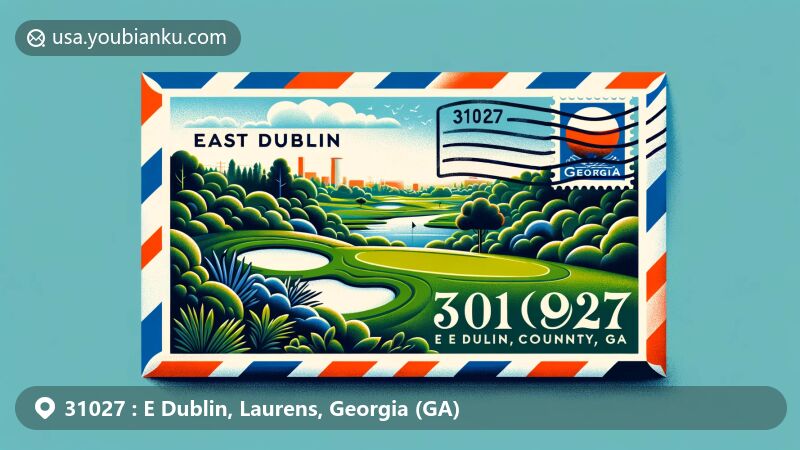Modern illustration of East Dublin, Laurens County, Georgia, featuring a tribute to ZIP code 31027 with airmail envelope against lush landscape and golf course, incorporating Georgia state flag and Laurens County outline.
