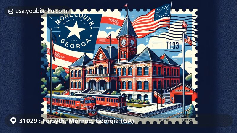 Illustration of Monroe County Historic County Courthouse and Historic Brick Train Depot in Forsyth, Georgia, USA, with Georgia state outline and flag. Postal theme includes stamp, postmark, ZIP code 31029.