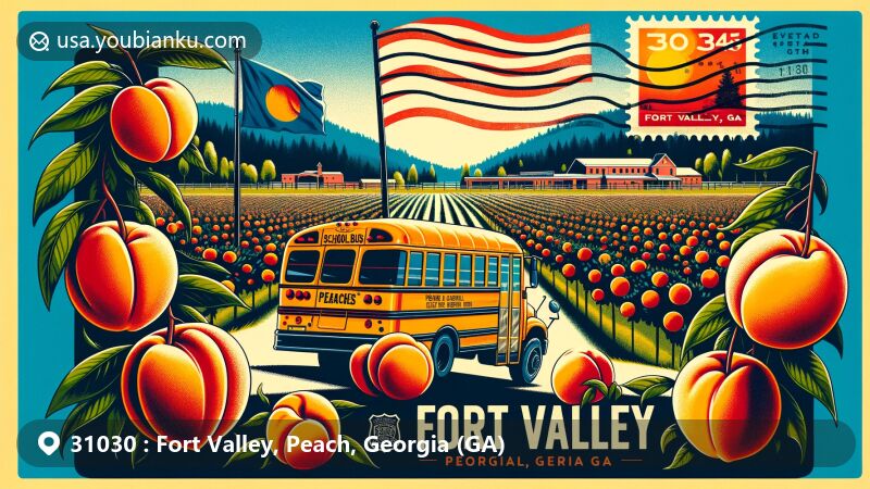 Modern illustration of Fort Valley, Georgia, known as the Peach Capital of the World, featuring vibrant peach orchard, Blue Bird school bus, and Georgia state flag.
