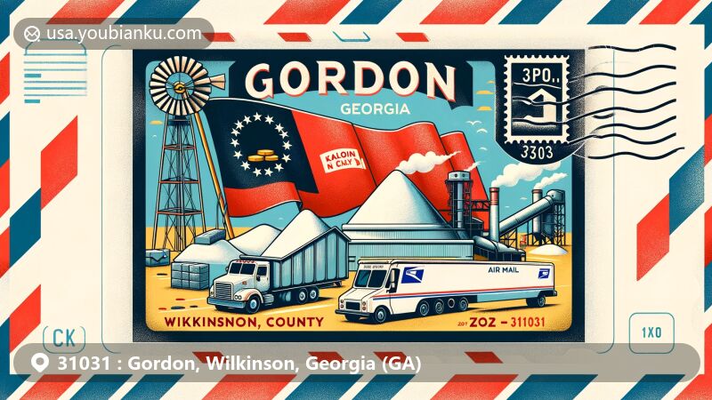 Vintage airmail envelope illustration of Gordon, Wilkinson County, Georgia (ZIP code 31031) with kaolin industry and postal themes, featuring Georgia flag, kaolin symbols, and postal icons.