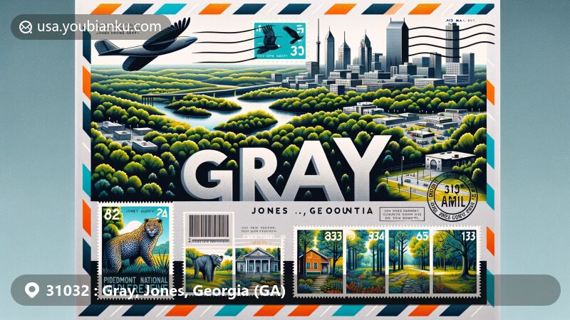 Modern illustration of Gray, Jones County, Georgia, capturing local natural scenery and postal elements with ZIP code 31032, showcasing Piedmont National Wildlife Refuge, Brender-Hitchiti Forest, and Carol's Park.