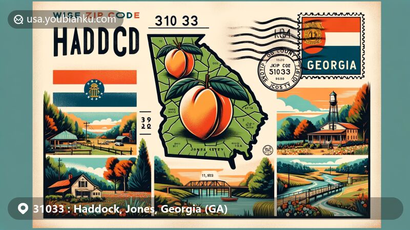 Modern illustration of Haddock, Jones County, Georgia, featuring a postcard or envelope theme with Georgia peach and state flag, stylized map outline, vintage postal elements, and iconic local scene, conveying a welcoming, community vibe.