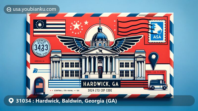 Creative illustration of Hardwick, Baldwin County, Georgia, inspired by ZIP code 31034, designed as an airmail envelope with Georgia state flag and Central State Hospital silhouette.