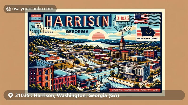 Modern illustration of Harrison, Washington County, Georgia, highlighting ZIP code 31035, featuring iconic building or natural landmark at center with state flag and outline in background.