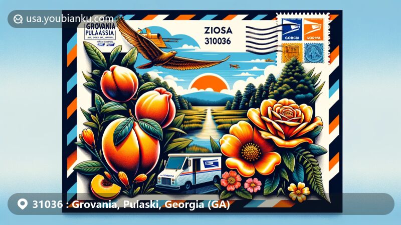Modern illustration of Grovania, Pulaski, Georgia, capturing postal theme for ZIP code 31036 with state symbols - peach, Cherokee rose, and live oak.