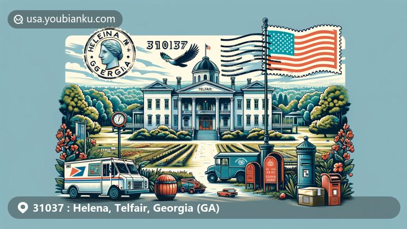 Modern illustration of Telfair Museum of History in Helena, Georgia, with postal postcard design and ZIP code 31037, featuring Georgia state flag and natural scenery.