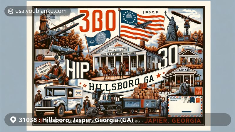 Creative illustration of Hillsboro, Jasper, Georgia, blending historical and cultural elements with postal themes and Georgia state symbols for ZIP code 31038.