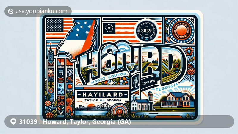 Creative illustration of Howard, Taylor, Georgia, merging regional charm with postal theme of ZIP code 31039, featuring Georgia state flag, Taylor County outline, and postcard-style design.