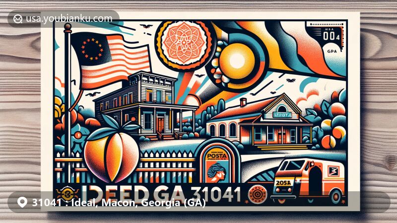 Modern illustration of Ideal, Georgia, captured in a stylized postcard for ZIP code 31041, showcasing Georgia's state flag, peaches, and Southern architecture, with a postal theme. Vintage-style mailbox or postal van adds regional charm.