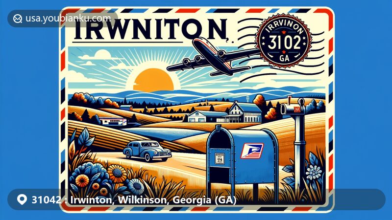 Modern illustration of Irwinton, Wilkinson County, Georgia, highlighting the postal theme with ZIP code 31042, showcasing southern rural scenery, rolling hills, fields, airmail envelope, iconic mailbox, and postal vehicle.