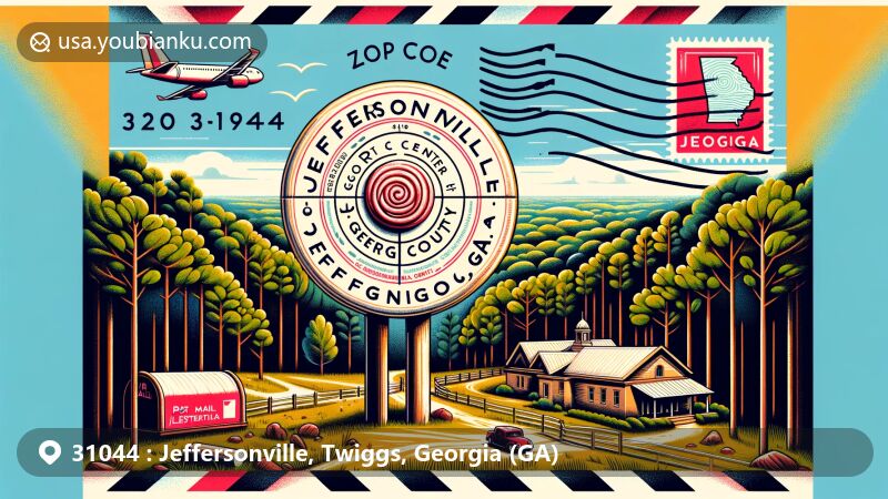Modern illustration of Jeffersonville, Twiggs County, Georgia, featuring Geographic Center of Georgia marker surrounded by natural elements like flat pine woods and rolling Piedmont hills, with postal themes including airmail envelope, stamps, and postmark.