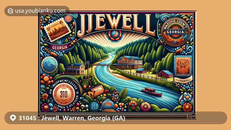 Modern illustration of Jewell, Warren County, Georgia, in postcard style with Ogeechee River and forests, showcasing ZIP code 31045 and Georgia symbols.