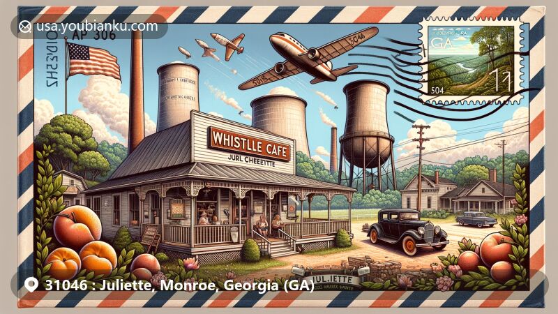 Modern illustration of Juliette, Monroe County, Georgia, highlighting the quaint charm and iconic landmarks, including the Whistle Stop Cafe from 