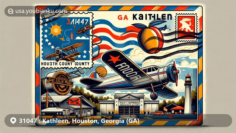Modern illustration of Kathleen, Houston County, Georgia, featuring postal code 31047, vintage air mail envelope, Georgia state flag, Robins Air Force Base, Museum of Aviation, postage stamp with Georgia peach, postmark 'Kathleen, GA 31047', and mail delivery airplane.