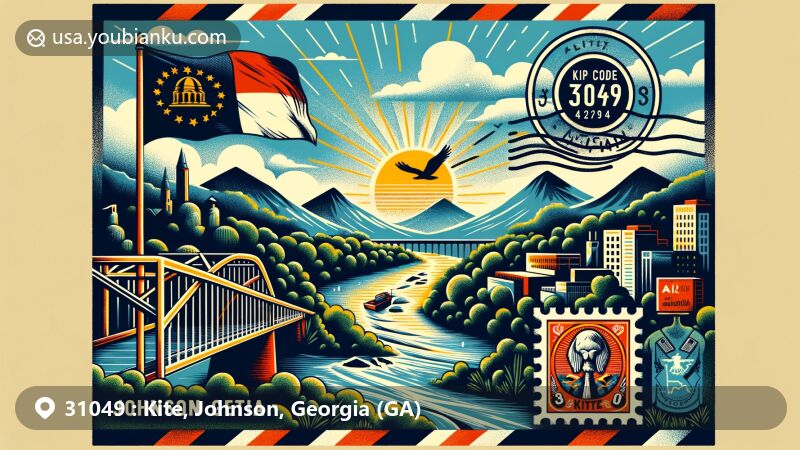 Modern illustration of Kite, Georgia, in Johnson County, showcasing postal theme with ZIP code 31049, featuring the Little Ohoopee River, Georgia state flag, Johnson County outline, and vintage postcard design.