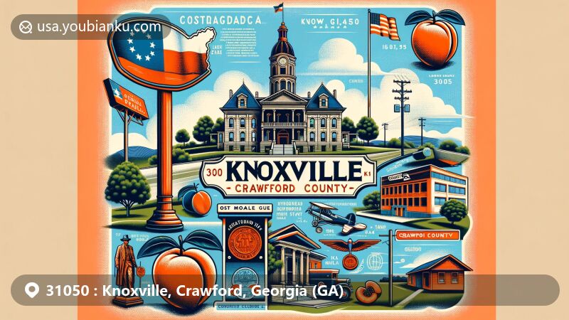 Modern illustration of Knoxville, Crawford County, Georgia, with Crawford County Courthouse, historical markers, and tribute to Joanna Troutman who designed the Lone Star Flag. Incorporates Georgia's symbols like peach trees and state flag, resembling a postcard with ZIP code 31050 and postal elements like postage stamp, postal mark, and mailbox.