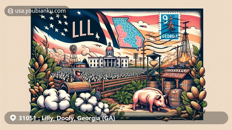 Modern illustration of Lilly, Dooly County, Georgia, displaying postal theme with ZIP code 31051, featuring map outline or landmarks, agricultural elements like cotton and peanuts, Georgia state flag, stamps and postmark with 31051, and subtle depiction of Big Pig Jig event with BBQ grill or festive ambiance.