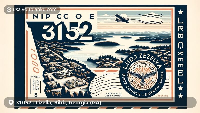 Modern illustration of Lizella, Bibb County, Georgia, showcasing postal theme with ZIP code 31052, highlighting the recreational aspect of Lake Tobesofkee and the significance of Bibb and Crawford counties.