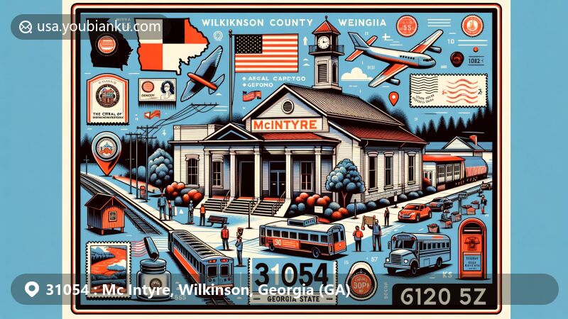 Modern illustration of McIntyre, Georgia, showcasing postal theme with ZIP code 31054, featuring Wilkinson County outline, Georgia state symbols, and historical references to Central of Georgia Railway.