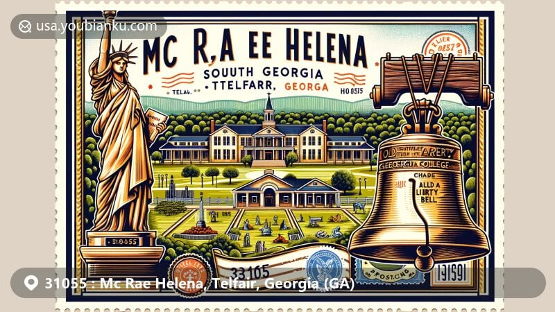 Modern illustration of Mc Rae Helena, Telfair, Georgia, featuring postal theme with ZIP code 31055, showcasing Old South Georgia College, Statue of Liberty, and Liberty Bell.