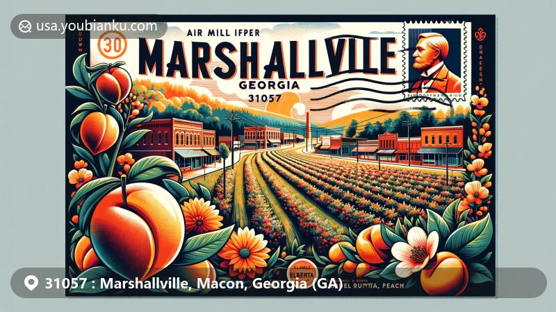 Modern illustration of Marshallville, Georgia, 31057, highlighting peach industry with Elberta peach and Samuel Rumph tribute, featuring vibrant colors and artistic elements.