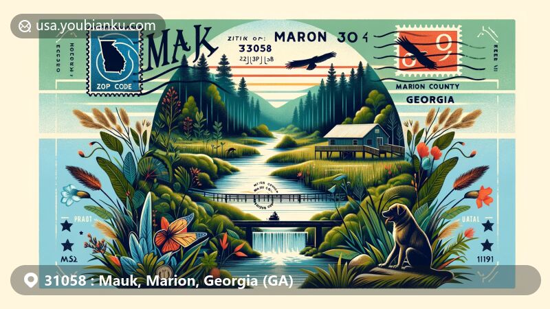 Contemporary illustration of Mauk, Georgia, in ZIP code 31058, showcasing rural charm and natural beauty with dense greenery and wildlife.