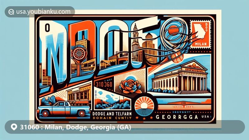 Modern illustration of Milan, Dodge, and Telfair counties in Georgia, showcasing postal theme with ZIP code 31060, featuring local landmarks and symbols of Milan, Georgia.