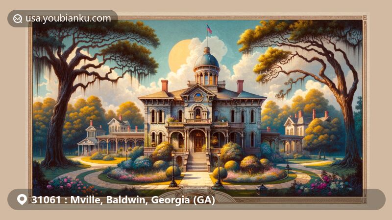 Modern illustration of Georgia's Old Governor's Mansion in Milledgeville, Baldwin County, Georgia, featuring Southern charm with classical homes and lush vegetation, showcasing postal theme with ZIP code 31061.