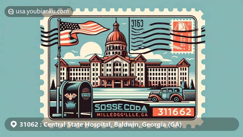 Stylized illustration of Central State Hospital in Milledgeville, Georgia, with postal theme displaying ZIP code 31062, Georgia state flag, vintage mailbox, and postmarks.