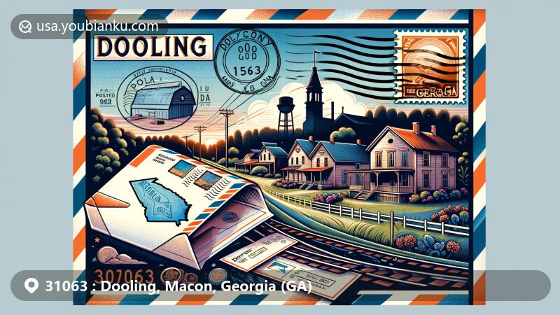 Modern illustration of Dooling, Dooly County, Georgia, highlighting postal theme with ZIP Code 31063, featuring Hay House silhouette and airmail envelope with Georgia state symbol stamp.