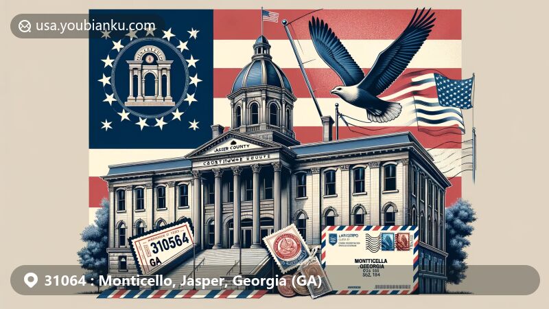 Modern illustration of Jasper County Courthouse in Monticello, Georgia, featuring airmail theme with ZIP code 31064, stamps, and postmark, subtly blending Georgia state flag in the background.