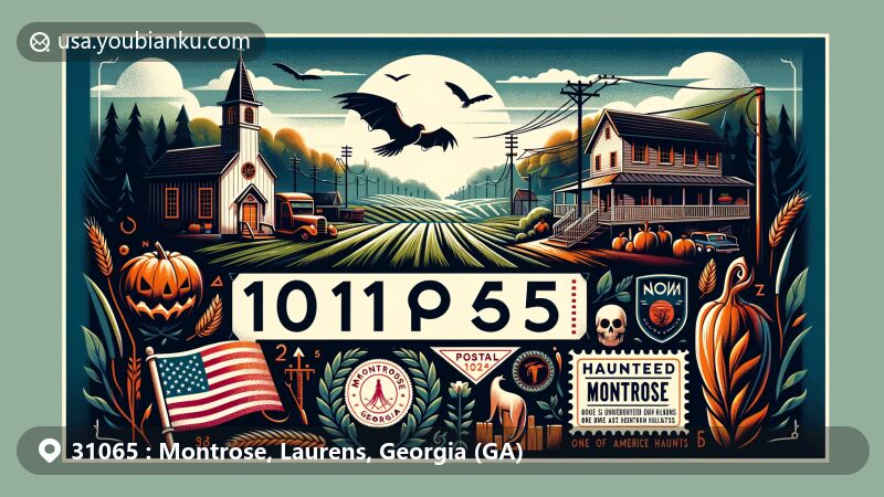 Modern illustration of Montrose, Georgia, highlighting ZIP code 31065, with elements representing peaceful farmlands, southern daily life, and the annual 'Haunted Montrose' event. Features vintage postcard elements and spooky Halloween theme.