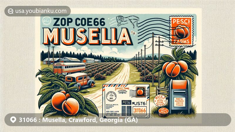 Modern illustration of Musella, Crawford County, Georgia, showcasing postal theme with ZIP code 31066, featuring peach elements from Dickey Farms and rural charm of Musella.