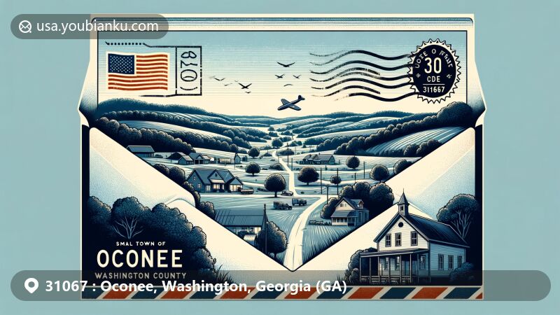 Modern illustration of Oconee, Georgia, in Washington County, with a postal theme and vintage airmail envelope featuring ZIP code 31067, showcasing rural landscape and historical significance related to Oconee people.