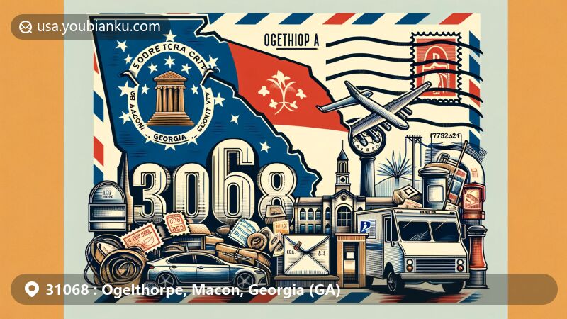 Modern illustration of Oglethorpe, Macon County, Georgia, melding state and local elements with postal motifs, featuring Georgia state flag, Macon County outline, and Oglethorpe's cultural identity.