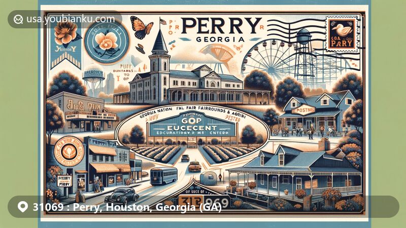 Modern illustration of Perry, Houston County, Georgia, representing ZIP code 31069 with Georgia National Fairgrounds & Agricenter, Go Fish Education Center, and Historic Downtown Perry.