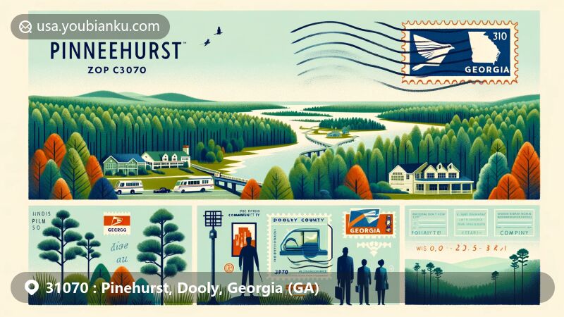 Modern illustration of Pinehurst, Dooly County, Georgia, featuring pine tree resources and postal theme with ZIP code 31070, showcasing town's location in Dooly County and Georgia through stamp design.