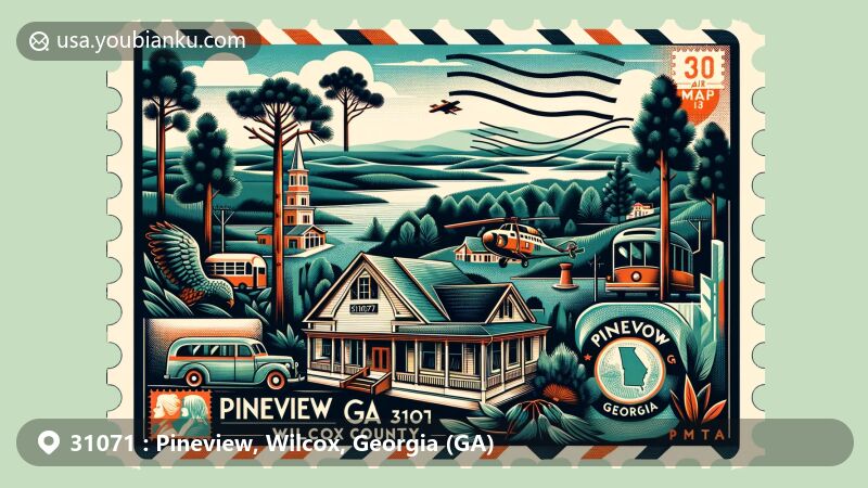 Modern illustration of Pineview, Wilcox County, Georgia, featuring stylized map outline, pine trees, cultural elements, vintage postage stamp, postmark 'Pineview, GA 31071', and air mail border.
