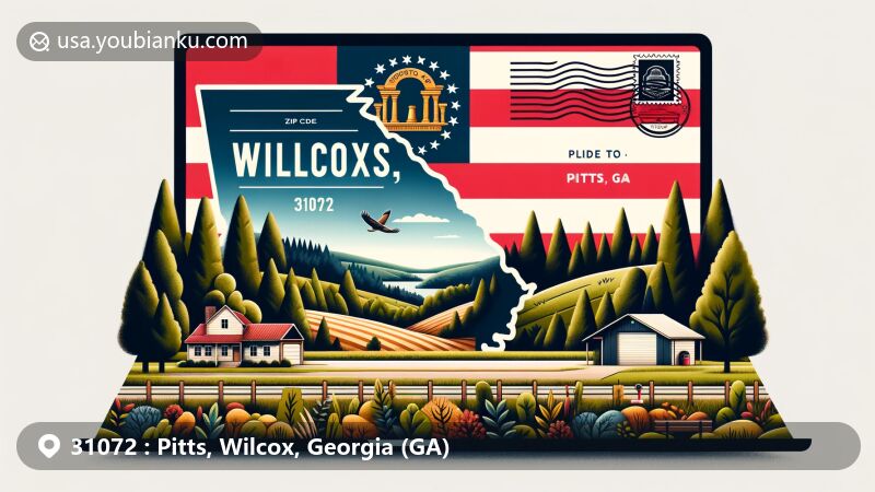 Modern illustration of Pitts, Wilcox County, Georgia, showcasing postal theme with ZIP code 31072, featuring state flag and natural landscapes.