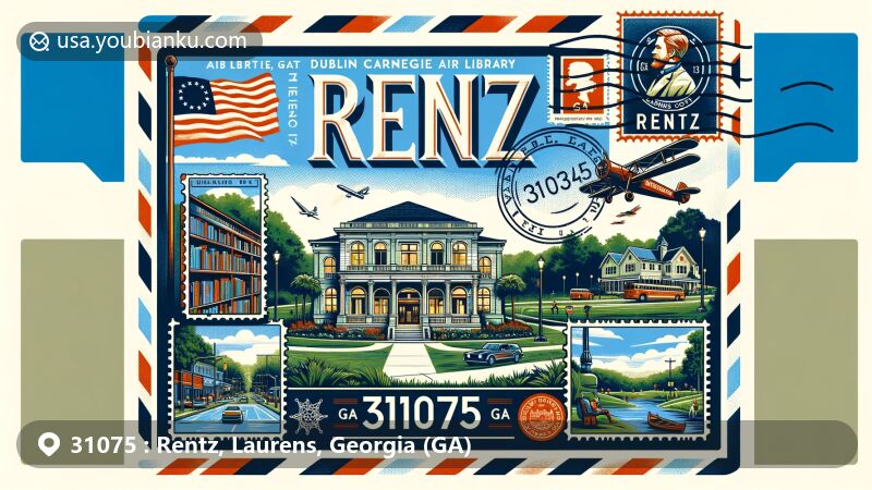 Modern illustration of Rentz, Laurens County, Georgia, featuring vintage air mail envelope with local landmarks like Dublin Carnegie Library and Stubbs Park, Georgia state flag stamp, and 'Rentz, GA 31075'.