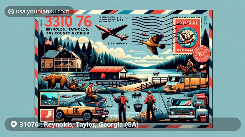 Modern illustration of Reynolds, Taylor County, Georgia, featuring outdoor activities, Silver Dollar Raceway, Georgia state flag, Taylor County outline, stamps, and postmark, designed as a postcard or air mail envelope.