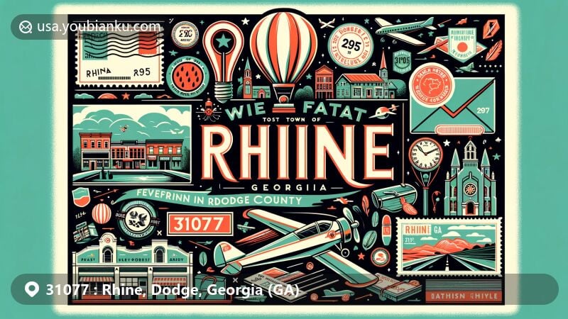 Modern illustration of Rhine, Dodge County, Georgia, representing ZIP code 31077, showcasing town's cultural heritage and geographic significance, inspired by Rhine river in Germany.