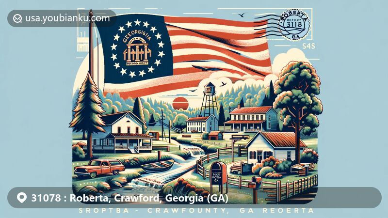 Modern illustration of Roberta, Crawford County, Georgia, with Georgia state flag in the background evoking small-town charm, featuring rural elements like trees, creek, and buildings, and postal theme with vintage postage stamp and postmark.