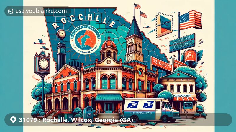Modern illustration of Rochelle, Georgia, blending historical and cultural elements with postal themes, including iconic buildings like Mashburn & Fitzgerald, Georgia state flag, and outline of Wilcox County.