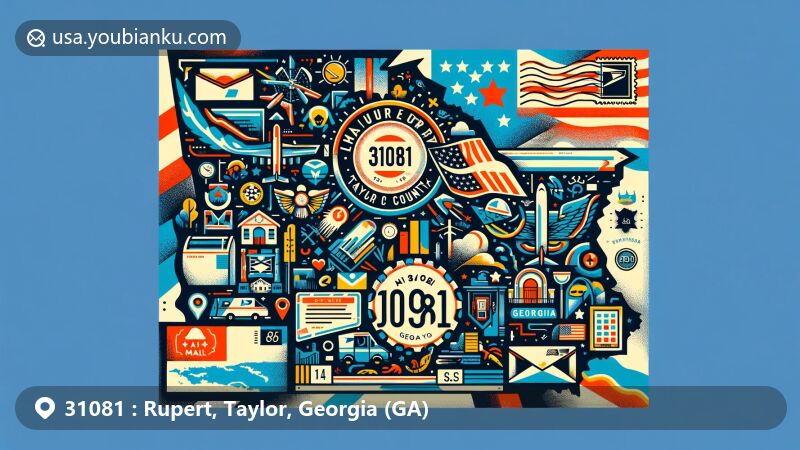 Modern illustration of Rupert, Taylor County, Georgia, showcasing postal theme with ZIP code 31081, featuring Taylor County outline, Georgia state symbols, and iconic postal elements.