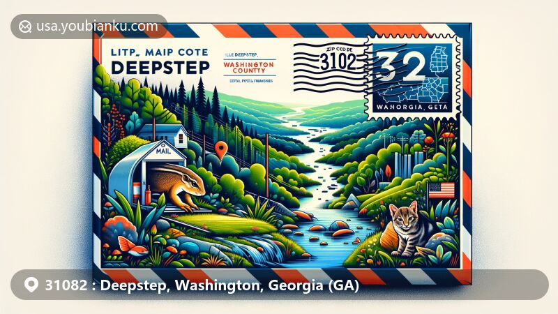 Creative illustration of Deepstep, Washington County, Georgia, featuring air mail envelope design with Little Deepstep Creek, lush greenery, and diverse wildlife, all set against a map outline of Washington County. Georgia state symbol stamp and ZIP code 31082 included.
