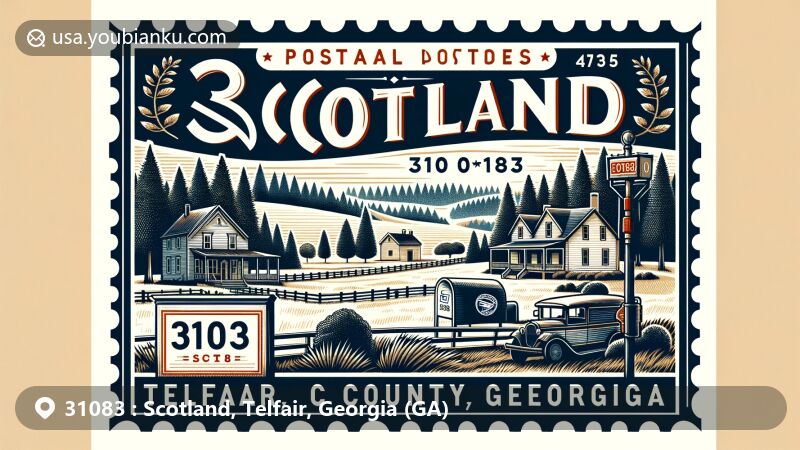 Modern illustration of Scotland, Telfair County, Georgia, featuring postal theme with ZIP code 31083, showcasing natural beauty with pine trees and rolling hills, integrating cultural symbols of the area's rich history in agriculture and timber.
