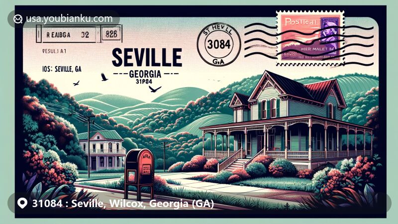 Modern illustration of Seville, Georgia, 31084 area in wide-format postcard style, featuring Southern-style building, American mailbox, and postal theme.