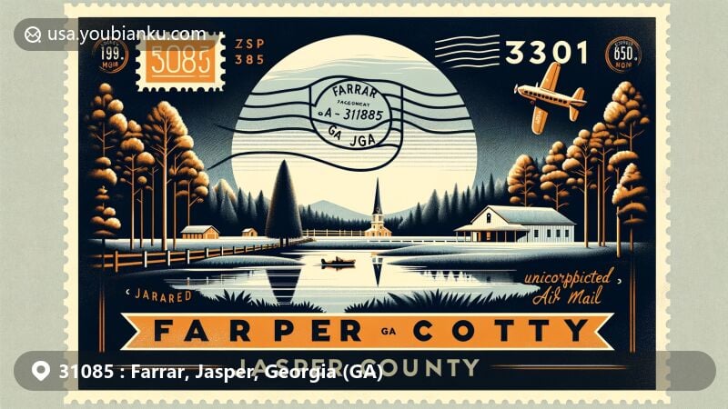 Modern illustration of Farrar, Jasper County, Georgia, showcasing postal theme with ZIP code 31085, featuring local geography, vintage air mail details, and serene rural landscape.